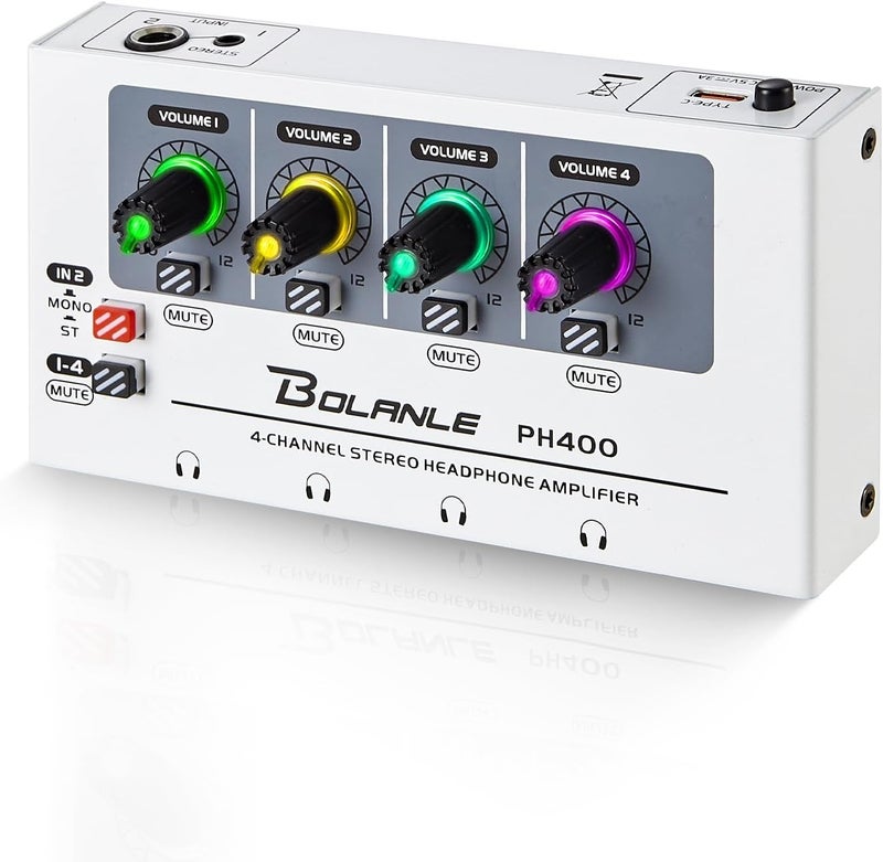 Bolanle PH400 4-Channel Headphone Amp with 8 Output Ports, 3.5mm & 6.35mm Jacks, Mono/Stereo Switch, 7 Color Breathing Light - Image 1